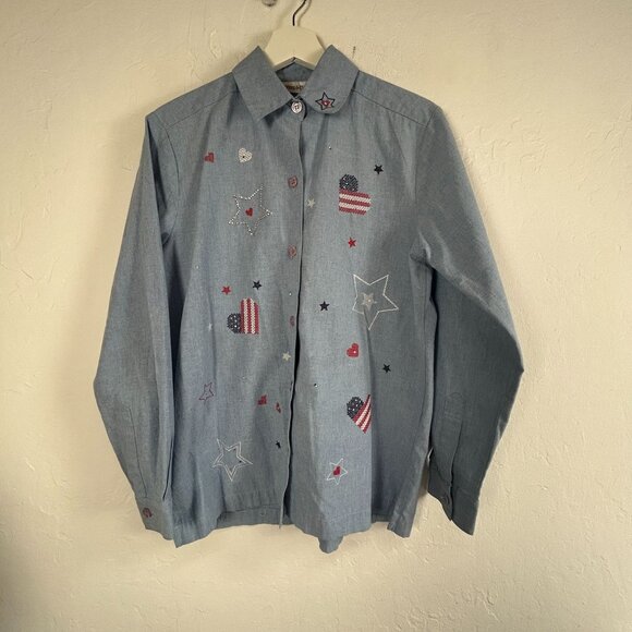 Draper's & Damon's Womens Button Up Denim Shirt Small Embroidered Patriotic Star - Picture 1 of 7